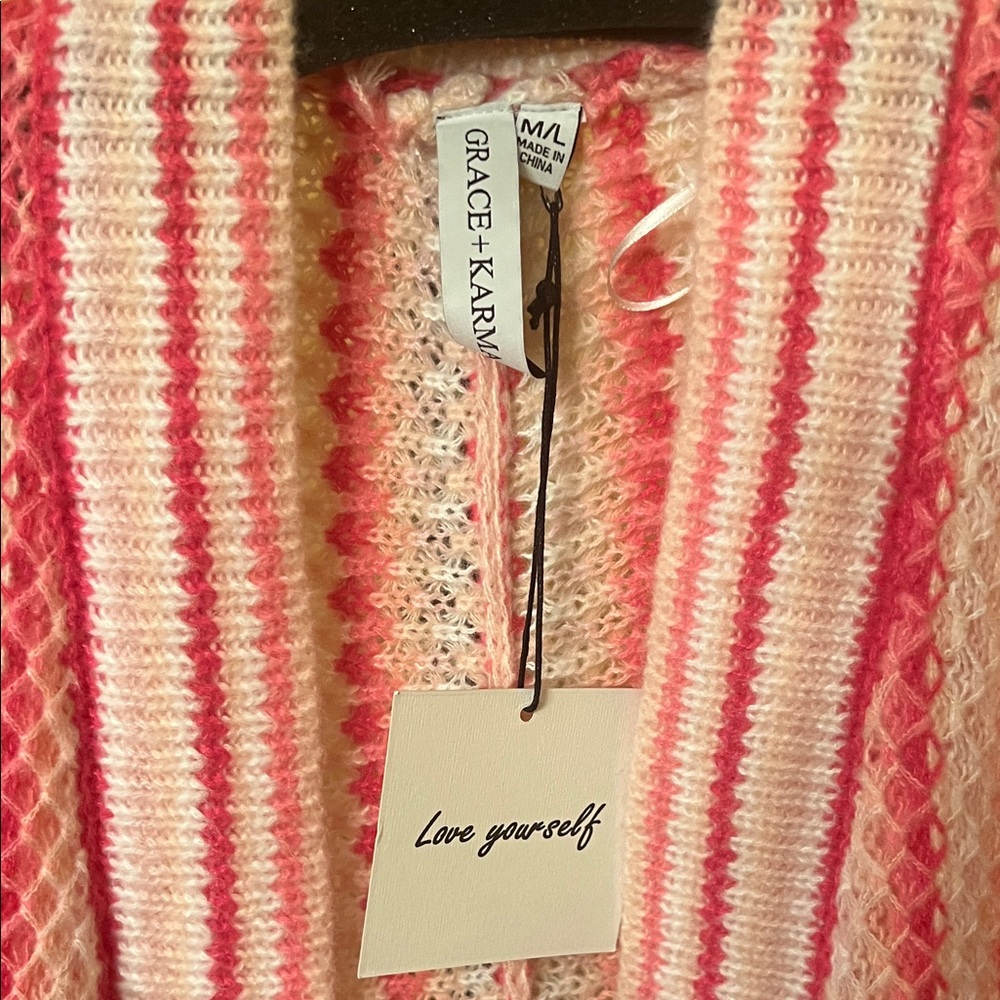 Grace+Karma chunky cozy soft knit sweater size M/L pink cream striped NWT open - Picture 2 of 4